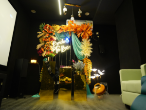 Stylish event setup with customized decor at Rukramsera private theatre in Vijayawada

